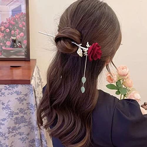 qbodp Metal Hair Sticks Dangle Tassel Chain Hair Chopsticks Rose Flower Hair Pins Stick Chinese Classical Chopsticks Hair Accessories for Women Buns,Red