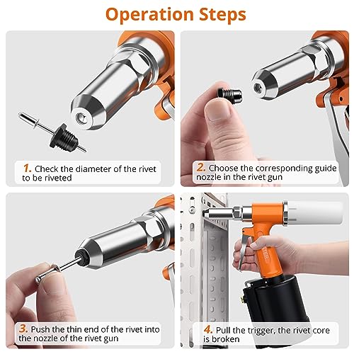 Image of Proster Pneumatic Rivet Gun Air Riveters 3924LBF 5 Nozzles 3 /32 inch-1 /4 inch