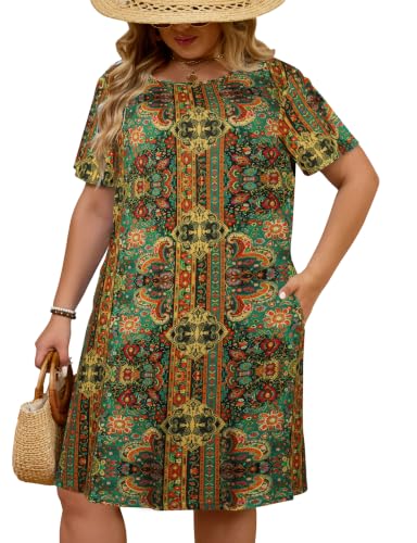Image of Kancystore Women's Plus Size Summer Dresses Short Sleeve Casual T-Shirt Swing Dress with Pockets