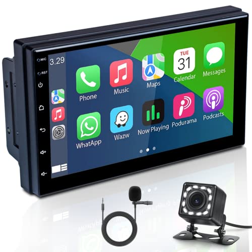 Autoradio 2 Din avec Apple CarPlay Android Auto Hikity 7'' Poste Radio Voiture Bluetooth Main Libres Écran Tactile Récepteur FM de Voiture avec Lien Miroir + Commandes au Volant + Caméra de Recul