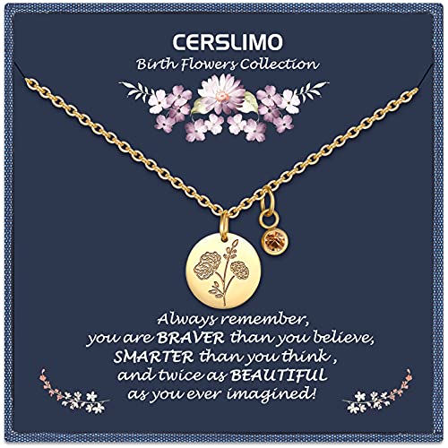Cerslimo Birthday Gifts For Her Birth Flower Necklaces, 18K Gold Plated Dainty November Birth Month Floral Birthstone Coin Pendant Necklaces Chrysanthemum Wildflower Jewelry Gifts For Women Anniversary #TOP16