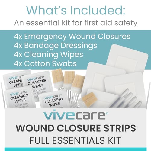 Image of ViveCare Emergency Laceration Closures (4 PCS) - Close Wounds Without Stitches - Butterfly Bandages Wound Closure Kit with Sterile Strips, Island Dressings, Alcohol Wipes & Swabs (Pack of 2)