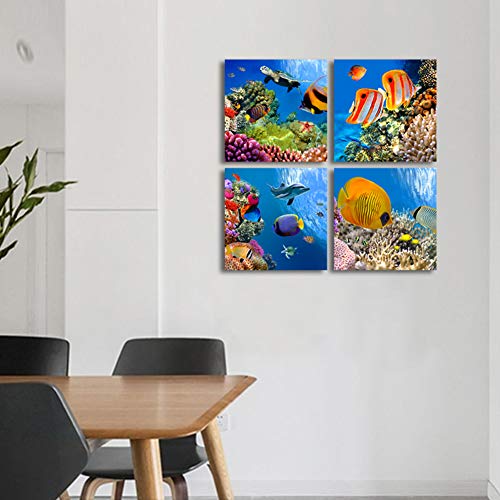 Bathroom Canvas Wall Art Sea Turtle Wall Decor For Living Room Colorful Fish Coral Dolphin Ocean Theme Underwater World Pictures For Bedroom Navy Seascape Artwork Framed Nautical Wall Decor #TOP4
