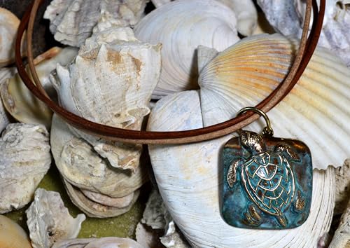 Elaine Coyne Collectible Artwear Verdigris Patina Solid Brass Classic Sea Turtle Pendant on Triple Rawhide by Elaine Coyne -Necklace is USA Made2