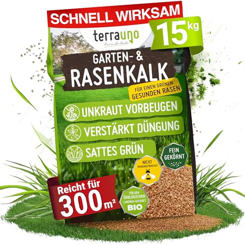 TerraUno Rasenkalk Frühjahr & Herbst, bei Moos und Unkraut im Rasen, verstärkt die Düngung, verbessert pH-Wert & Bodenstruktur, 15 kg für 300 m², extra fein, ideal für Streuwagen, tierfreundlich