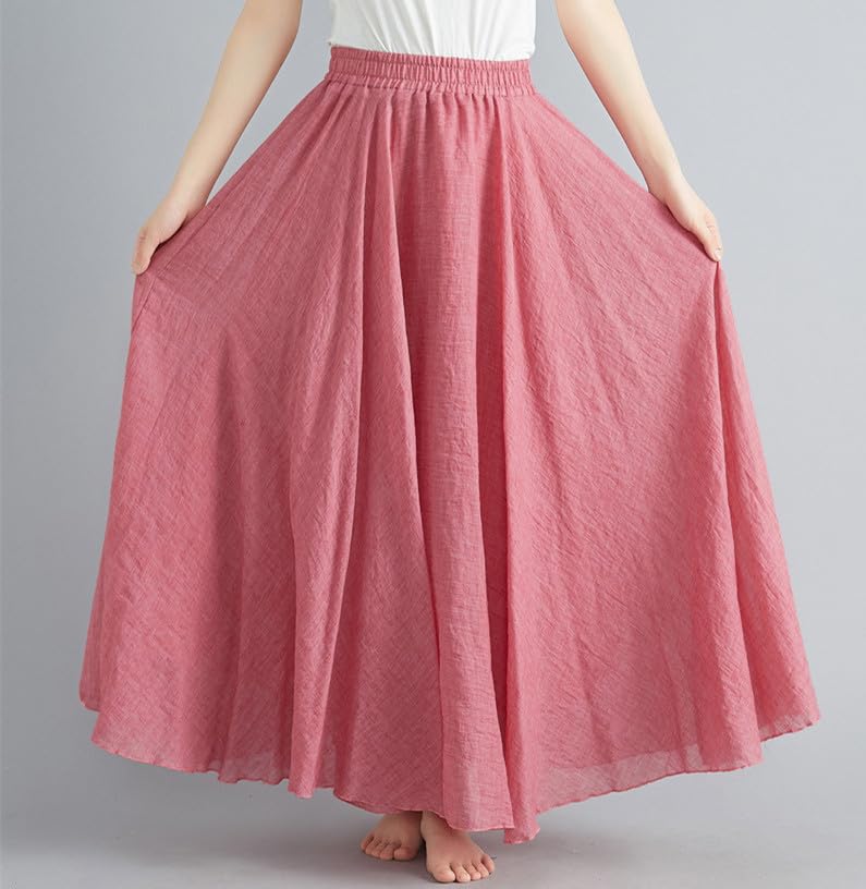 Jupe longue plissée en lin pour femme - En coton et lin - Style bohème - Couleur unie - Pour les loisirs