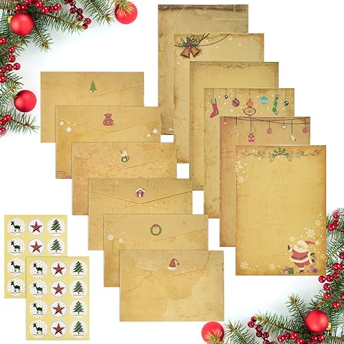 TANCUDER 24 PCS Papel de Cartas de Navidad 24 PCS Sobres Navideños con Etiquetas Navideñas Papel de Papelería Vintage A4 Papel de Carta Vintage con Diseño de Navidad para Escribir Pintar Imprimir