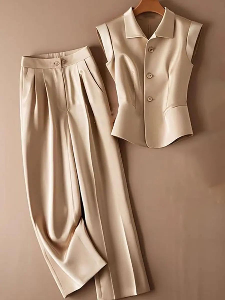 Womens Two Piece Vest Coat and Pant Suit Professional Sleeveless Waistcoat Trousers Office Workwear Outfit