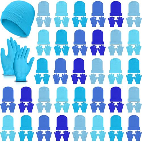 Image of Handepo 60Pcs Kids Winter Beanie and Gloves Bulk Knit Hats Gloves Warm Unisex Cold Weather Winter Gifts for Boy Girl Homeless