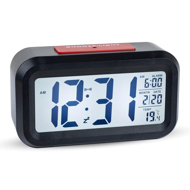 Image of GERAT Kabel Digital Clock with Alarm for Students, Home, Office, and Bedroom | Multiple Alarms with a Snooze Function | Temperature, Day and Month Indicator, Light Sensor for Night Vision, Black /Red