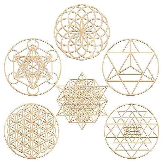 Taiyin 6 Pcs 12 Inch Sacred Geometry Wood Wall Art Set Zen Metatron Cube Home Decor Sri Yantra Merkaba Torus Flower of Life Hanging Sculpture Wooden Crystal Grid Pagan 7 Chakra Wall Decor(Burlywood)
