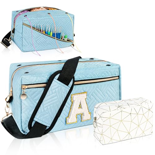Image of Crochet Bag Storage, Initial Personalized Knitting Bag Organizer, Yarn Holder for Crochet Accessories for Friends, Mom, Grandmother (Blue-Letter A)