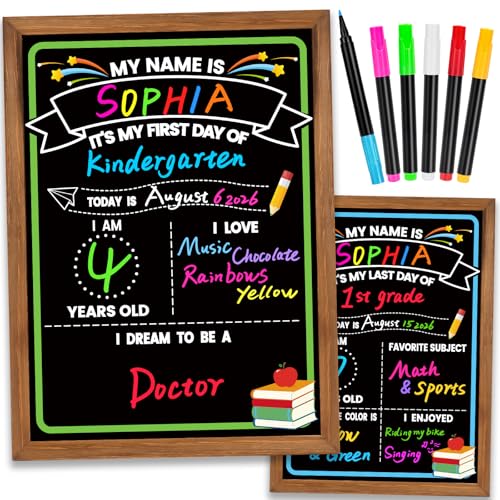 KIZZYEA First & Last Day of School Sign, 14x10.5 inch 1st Day of Sign with 6 Erasable Chalk Markers, Double-Sided Reusable My First Day of School Board for Kids Parents Teachers