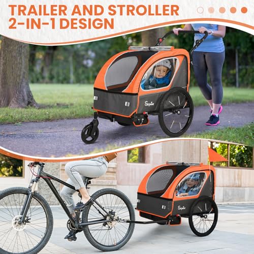 Image of Sepnine Kids Bike Trailer, 2 in1 Canopy Carrier Converts to Pushcart Suitable for 1 to 2 Toddlers, Kids, Quick Attach to Bike, Foldable, with 5-Point Harness and Storage Bags
