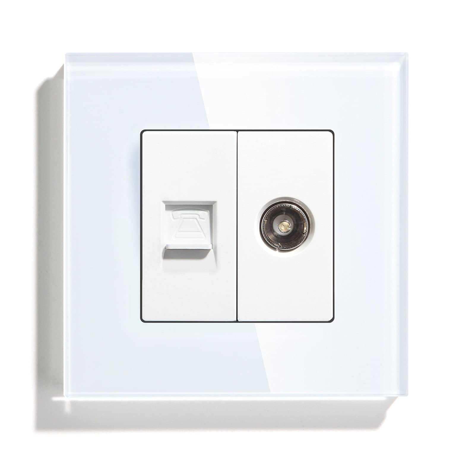 BSEED TV+TL Crystal Panel Single TV Aerial Coaxial Wall Socket and Single TL Charging Power Outlet White
