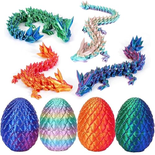 DOLYUU Lot de 4 œufs de dragon 3D imprimés en 3D - 7 cm - Avec dragon de 12,7 cm - Jouet mystérieux - Figurines de dragon mobiles pour surprise - Œufs de...