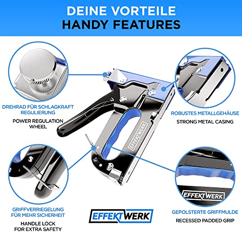 EFFEKTWERK Handtacker Set - TÜV GS geprüft - Tacker für Holz Stoff Möbel Dachpappe - 1500 Klammern - Nagler & Tacker zum Polstern - Tackerpistole - Handtacker mit Klammern - Inkl Klammerentferner