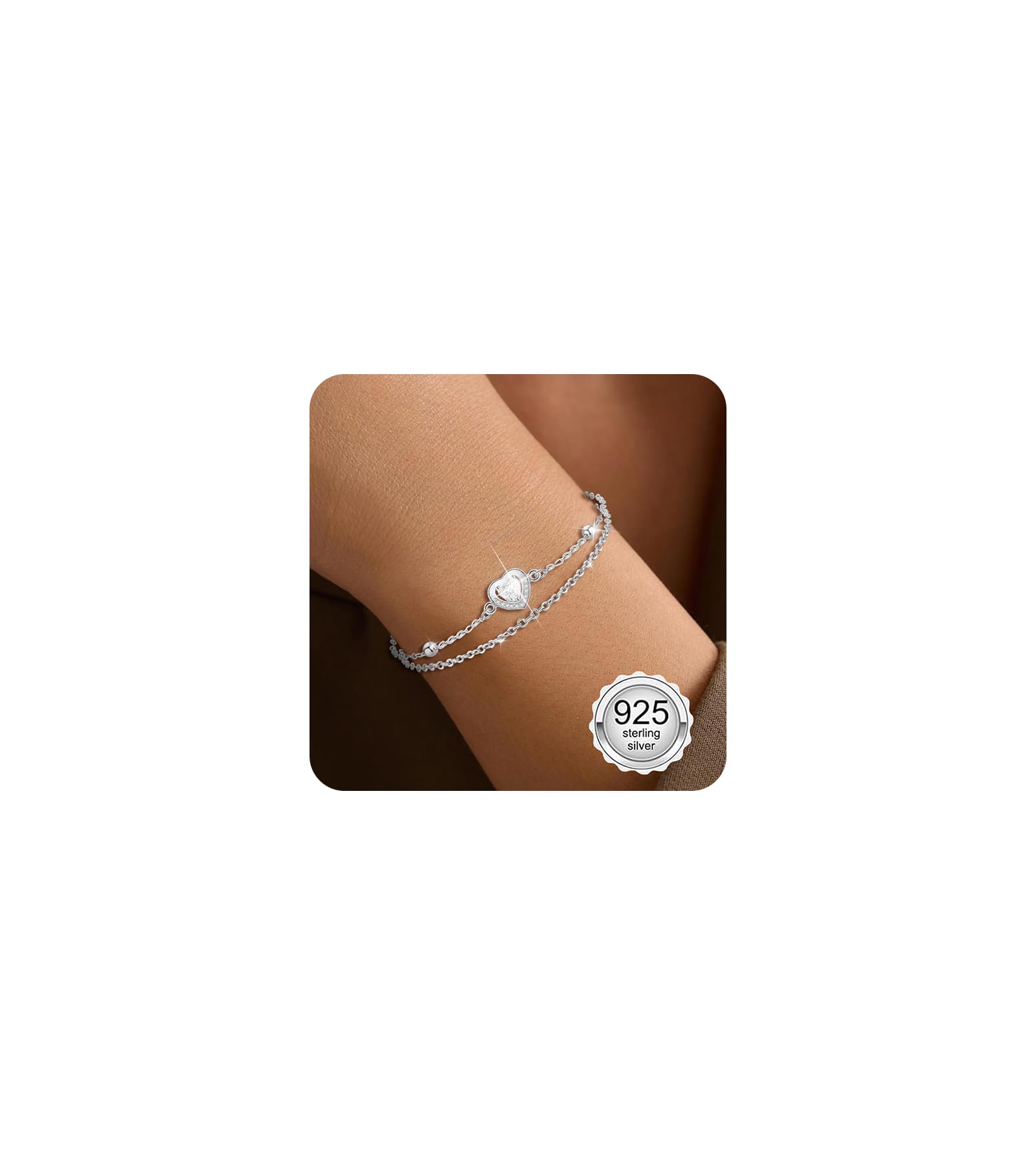 vidonio Layered Herz Armband Damen mit Herzen Cubic Zirkonia,Silberarmband Damen 925 Silber Herz Armband,Verstellbare Armkette Valentinstag Muttertag Geburtstags Weihnachten Geschenk für Sie Frauen