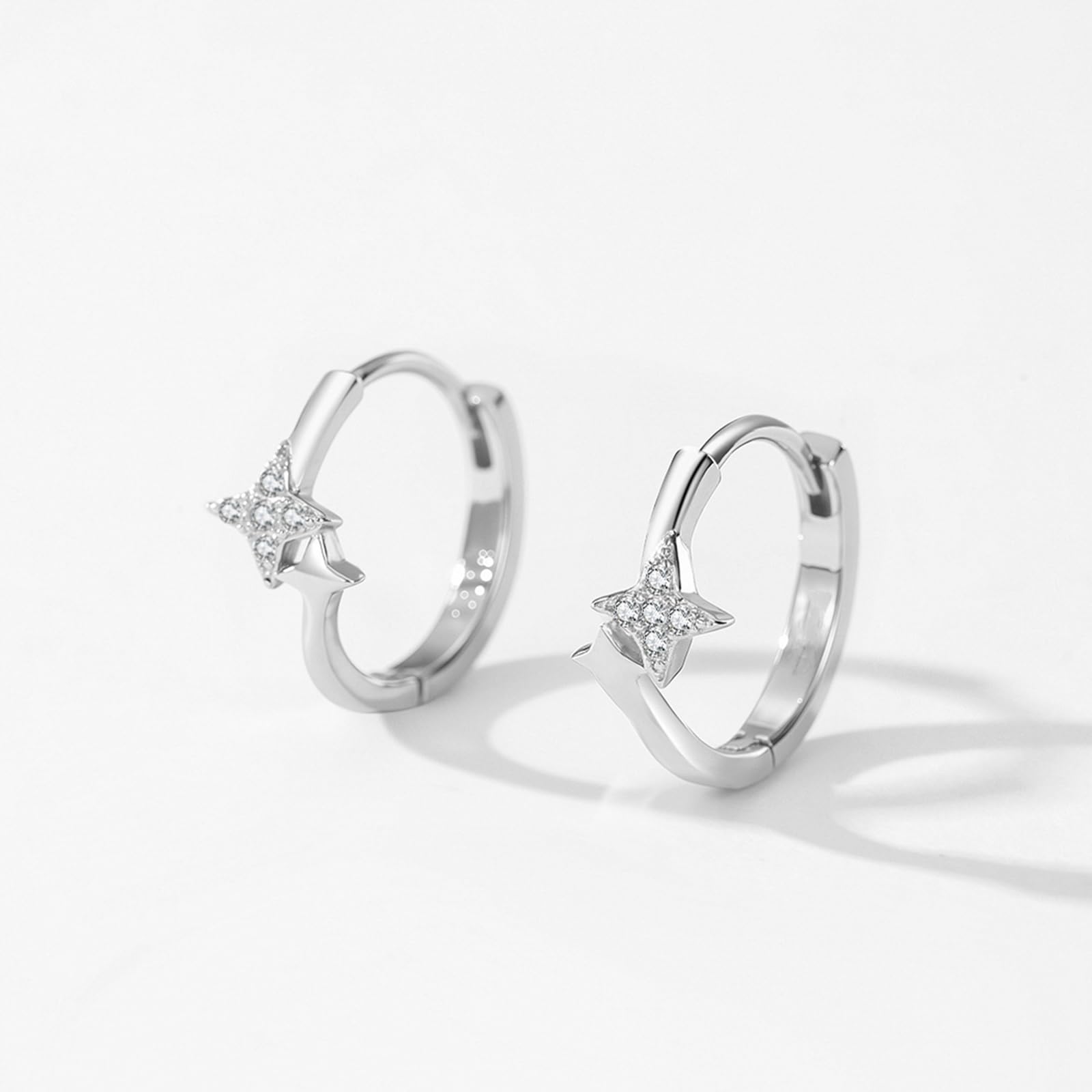 Orecchini Donna a Cerchio 14K 585 Oro Bianco, Orecchino Cerchio Donna Ipoallergenici Stella Semplici con Moissanite Rotondi Orecchini Huggie Sposa Matrimonio Leggeri