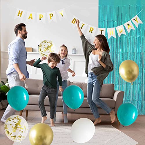 ANSOMO Teal Blue and Gold Happy Birthday Party Decorations Banner Turquoise Aqua Foil Fringe Curtain Tissue Pom Poms Balloons - Image 5
