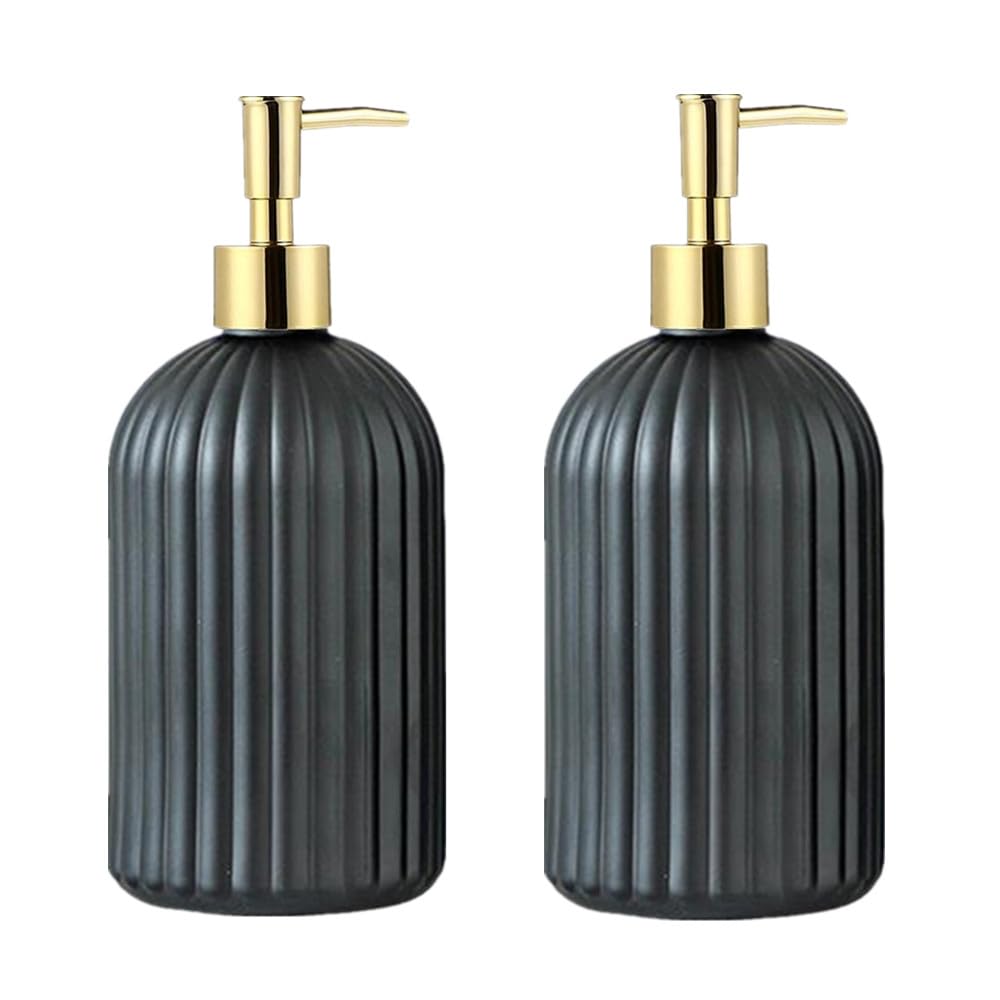 Trixes Black 2-Pack Soap Pump Bottles With Gold - Refillable Soap And Lotion Dispensers - 400Ml, Ribbed Matte Finish
