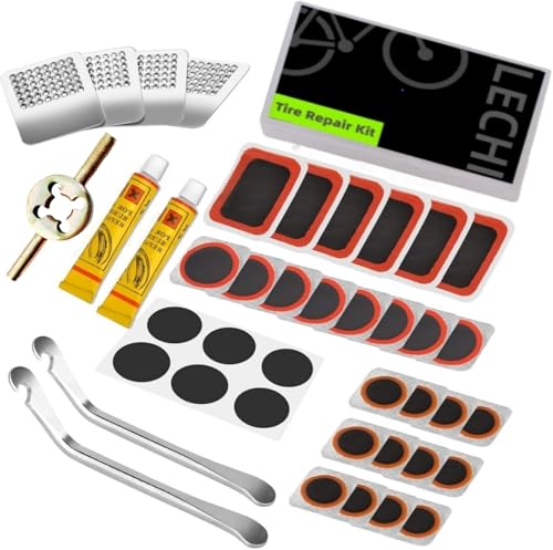 LECHI Bike Tire Repair Kit with Vulcanizing Patches,Stainless Steel Levers,Valve core Wrench for Motorcycle BMX Cycling MTB Road Mountain Bicycle(40 PCS)
