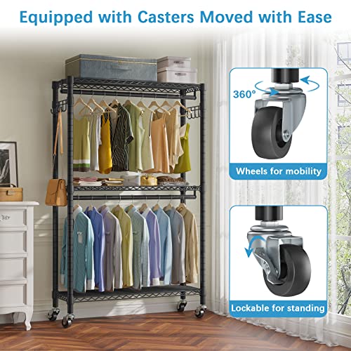 Vipek V12 Portable Closets Heavy Duty Rolling Garment Rack 3 Tiers Adjustable Wire Shelving Clothes Rack With Double Rods And Side Hooks, Freestanding Wardrobe Storage Rack Metal Clothing Rack, Black #TOP5