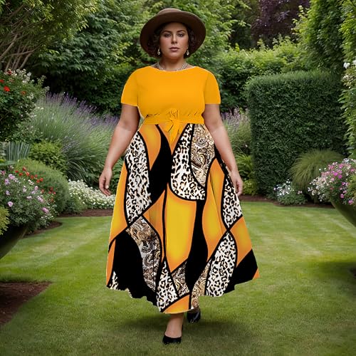 Image of Hostoyo Women Plus Size Formal A Line Maxi Dress Self Tie Waist with Pockets Elegant Round Neck Swing Long Dresses