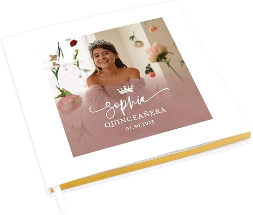 Andaz Press Libro de invitados de quinceañera personalizado con detalles dorados, escritura blanca con foto personalizada, 120 páginas, 8.5 x 8.5
