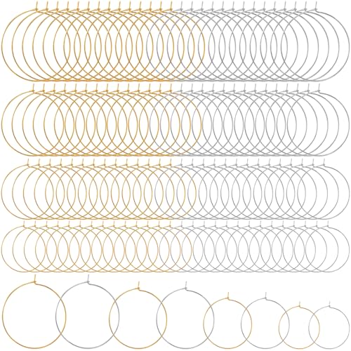 Pndeyo 120pcs Hypoallergenic Earring Beading Hoops, Mix Sizes Round Hoop Earrings Findings, Open Earring Wire Ring Accessories for Jewelry Making- Gold & Silver