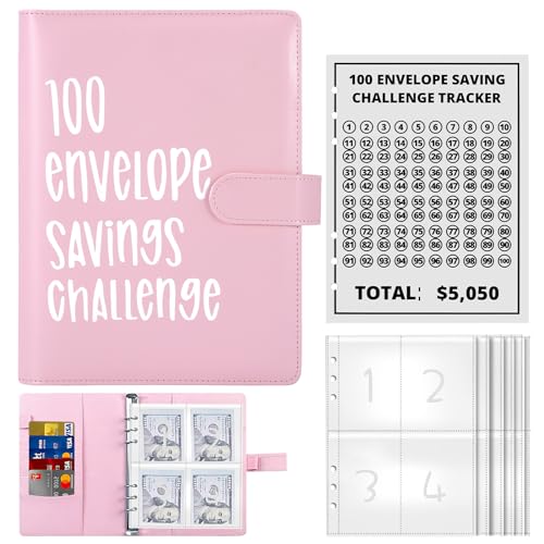 Palmcee 100 Envelope Saving Challenge - Cuaderno de ahorro de dinero con sobres A5, desafío para ahorrar 5050 EUR (rosa)