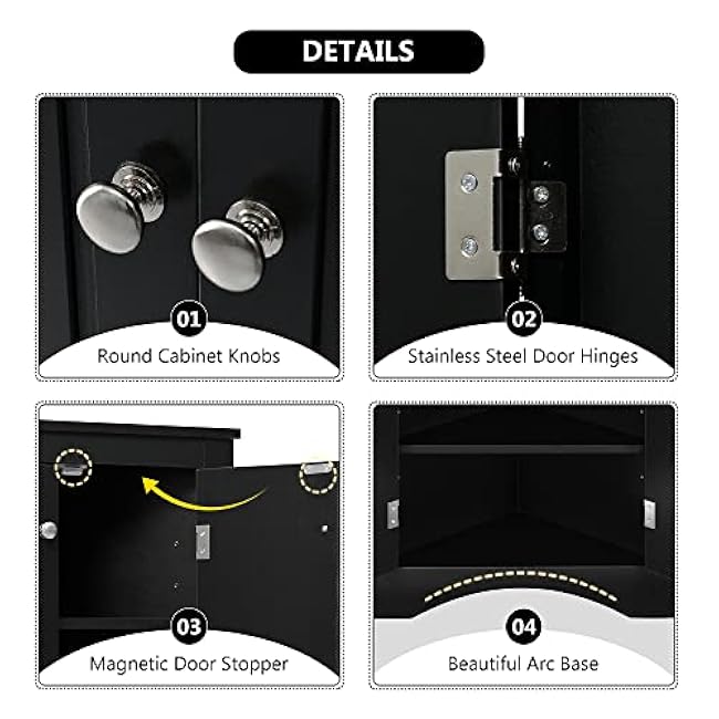 Merax Corner Storage Cabinet with Two Doors for Bathroom, Living Room or Kitchen, Adjustable Shelf, Freestanding Floor Space Saver, Black