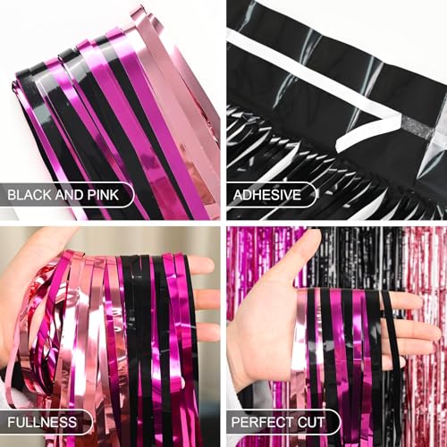 Image of Pink Black Birthday Party Supplies, 2 Pack 3.3x6.6 ft Hot Pink Black Foil Fringe Curtain, Cartoon Theme Photo Booth Prop Streamer Backdrop for Girls Birthday New Years Cartoon Party Decorations