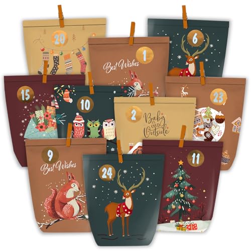 PANSIBY Adventskalender zum Befüllen, 24 Papiertüten zum Selber Basteln für Weihnachten, Papier Adventstüten mit Zahlenaufkleber zum Aufstellen