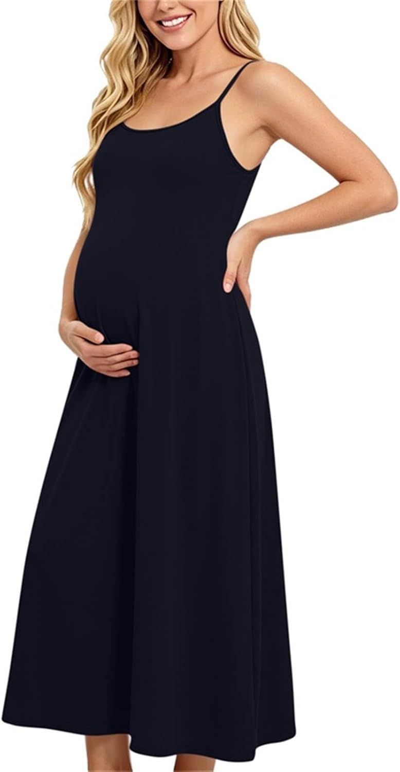 Oplxuo Women Maternity Maxi Dress Spaghetti Strap Sleeveless Casual Flowy A-Line Pregnancy Sundress Loose Long Summer Dresses