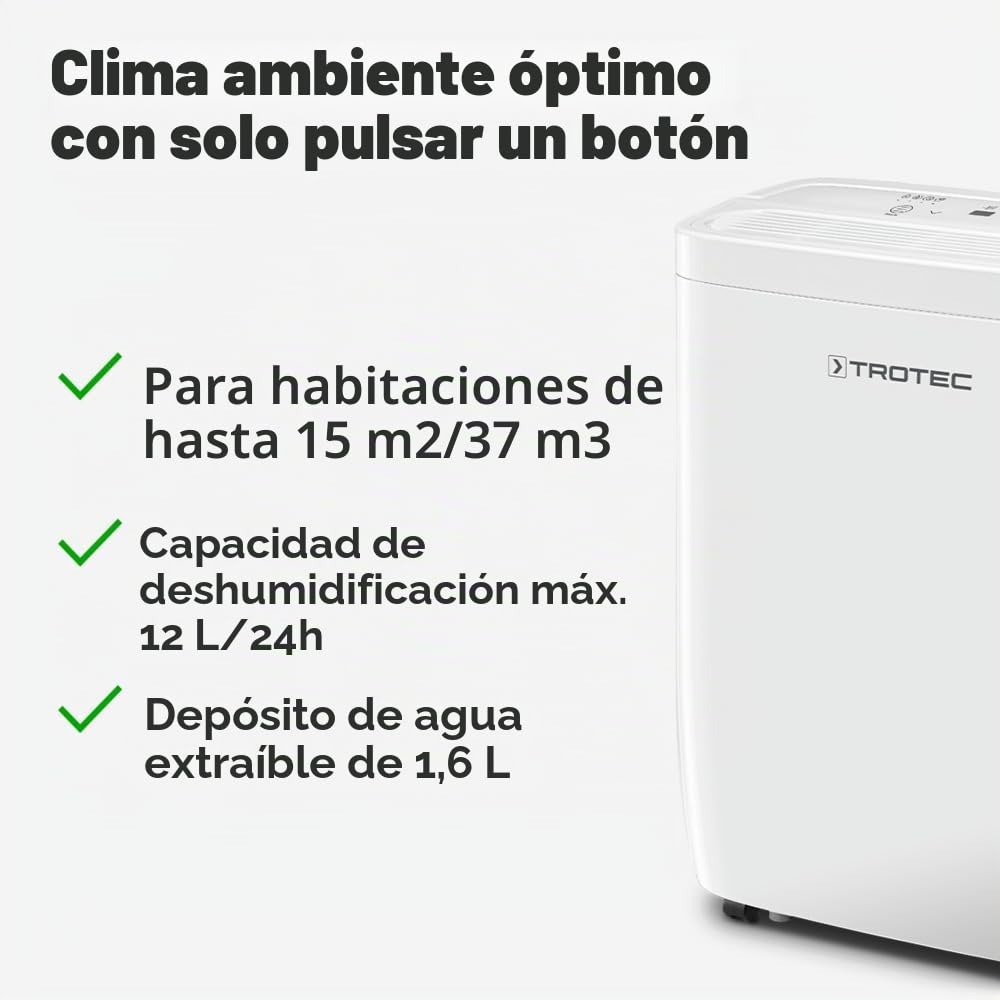 TROTEC Deshumidificador eléctrico TTK 27 E – Potencia 12 L/día – Superficie 15 m²/37 m³ – Deshumidificador con apagado automático | Dispositivo deshumidificador, con apagado automático