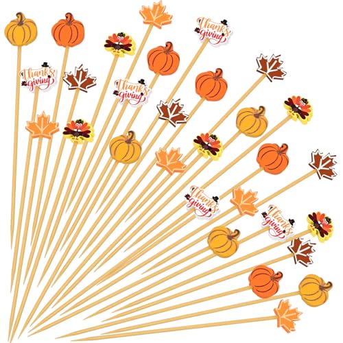 Friendsgiving Cocktail Picks Thanksgiving Toothpicks for Appetizers Bamboo Fall Drink Fruit Sticks Charcuterie Skewers for Charcuterie Board Accessories Decorations Party Supplies