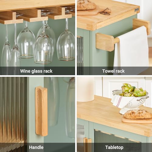 SoBuy Mobile Kitchen Island on Wheels with 2 Glass Doors Kitchen Storage Trolley Featuring Wooden Worktop Rolling Kitchen Storage Unit for Dining Room Green and Natural W109 × D40 × H92cm FKW114-GR - Image 7