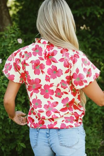 Elegant Women's Pink Frilled Neck Floral Blouse with Short Puff Sleeves3
