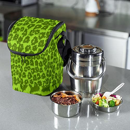 Lonchera grande porta comida con correa ajustable y estampado leopardo verde 7