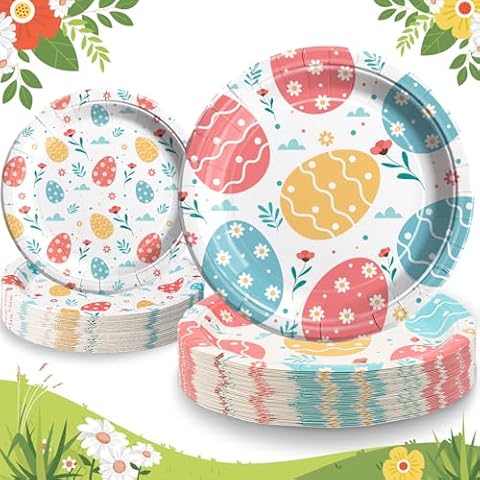 DUOCUTE Easter Themed Party Paper Plates 40 Counts, 9inch and 7inch Easter Colorful Eggs Disposable Decoration Dinner Dessert Paper Plates for kids Holiday Party Cover