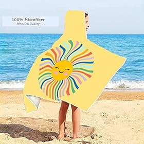 Kids Sun Hooded Beach Towel, Cute Smiling Face Sun Printed Large Microfiber Beach Bath Towel with Hood for Girls 50"x30", Soft Absorbent Quick Dry Beach Swim Pool Towel for Toddler (Sun)