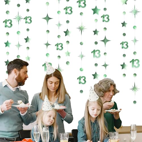 Image of Sage Green 13th Birthday Decorations Number 13 Circle Dot Twinkle Star Garland Metallic Hanging Streamer Banner Backdrop Girls Boys 13 Years Old Birthday Thirteen Official Teenager Party Supplies