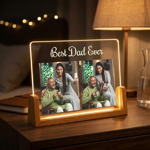 Image of Giftplease Personalized LED Acrylic Photo Frame for Dad | Best Dad Ever Night Light with Wooden Base | Custom Photo Frame Light Gift for Father, Birthday, Father's Day, Anniversary & Home Decor