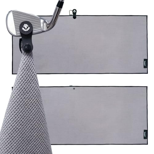 4Monster Golf Towels 2-Pack with Detachable Magnet and Portable Pouch, Quick-Dry Microfiber Golf Towel for Golf Bags,Custom Towel Gifts for Men or Women (Grey, Large (15.75" x 35.43"))
