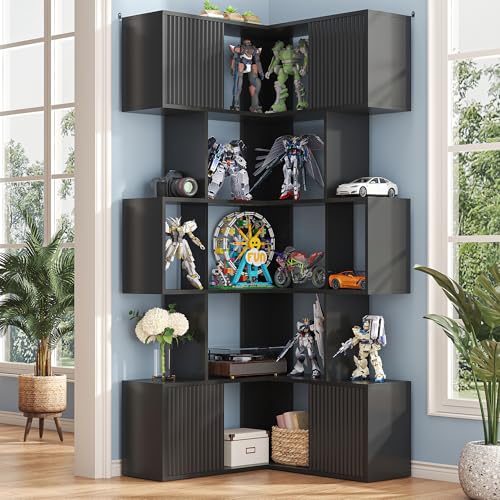 Image of kepptory 5 Tier Corner Bookshelf, 71 inch Storage Bookcase, L-Shaped Cube Bookshelf, Modern Display Shelf Standing Unit, Wood Metal Living Room /Home Office /Bedroom Display Unit, Black