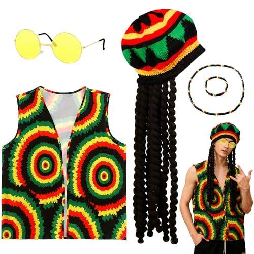 Weciau Accessoires de Déguisement Rasta, 5 Pièces, Accessoires de Costume Reggae Jamaïcain avec Gilet Lunettes Bracelet Collier Chapeau Dreadlocks pour Homme Femme Carnaval Cosplay Fête