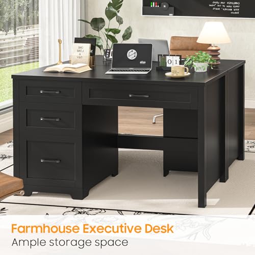 Image of Vabches Home Office Desk with 3 Storage Drawers, Black.