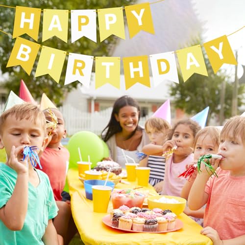 Image of Hooqict Happy Birthday Banner Yellow Birthday Decorations for Kids Girls Women Birthday Tea Party Decorations Yellow Party Banner Garland Sign Bunting Flag Wall Porch Door Hanging Decor