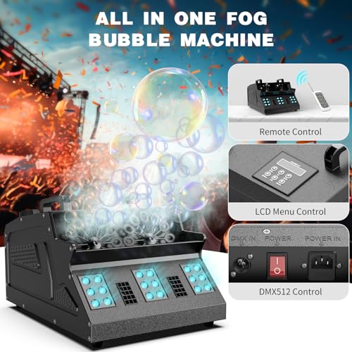 DazzlingStage 3 in 1 Fog Bubble Machine with 2 Bubble Fans, 7 CH RGB 18 LED Lights Smoke Bubble ALL IN 1 Machine, Fog Machine for Halloween, Chrismas, 2 Packs